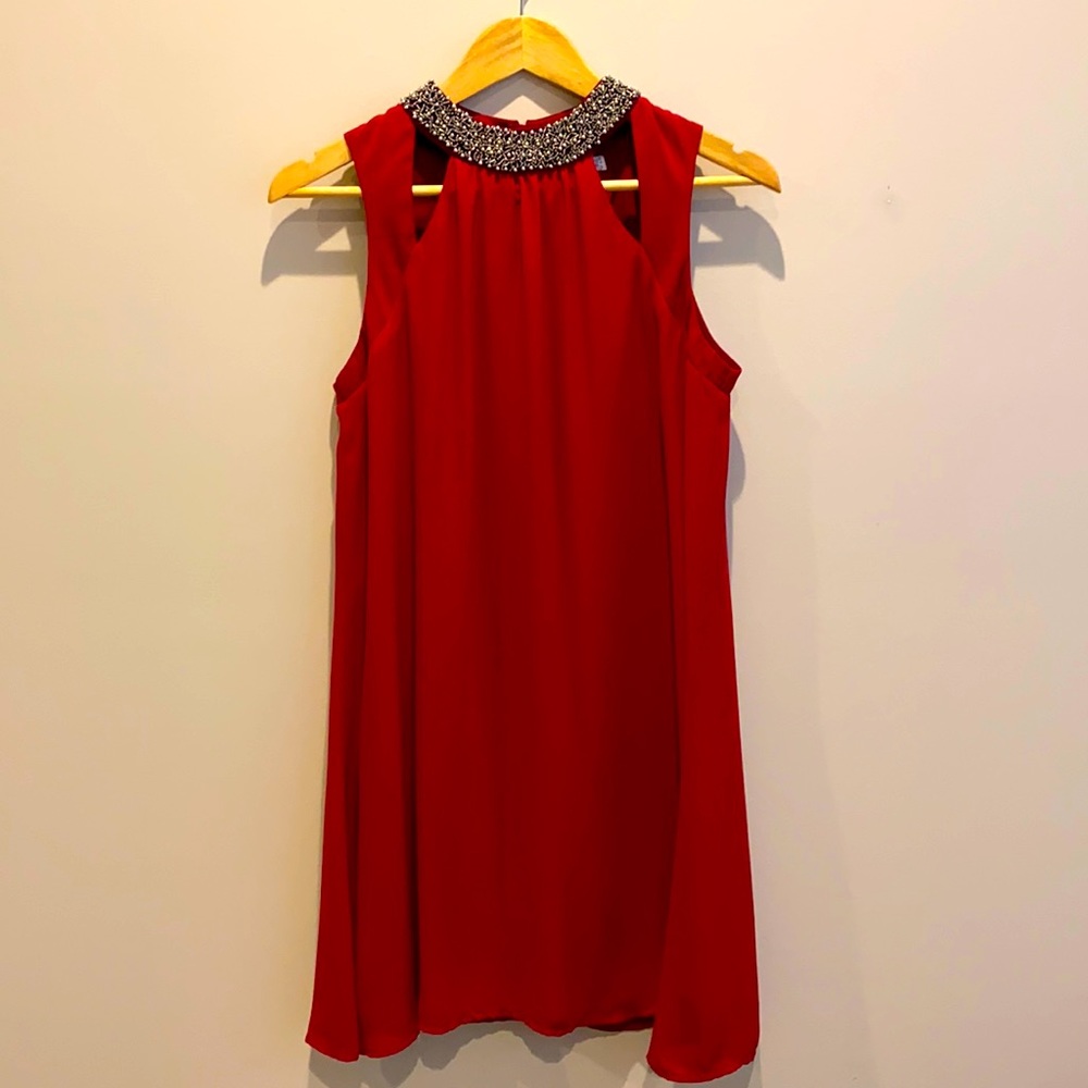 Red dress with beaded neck detail